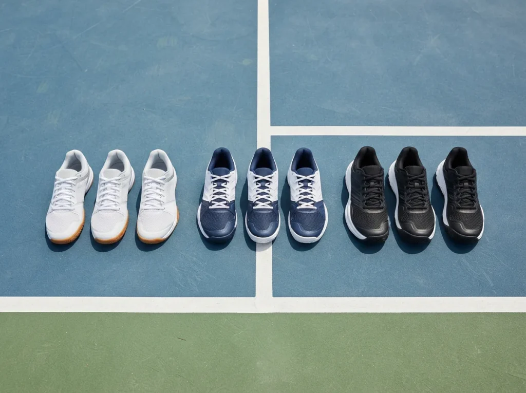 Row of unbranded tennis shoes grouped by build type on a tennis court