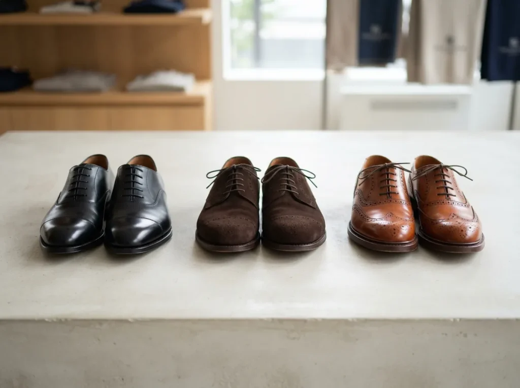 Men's dress shoes grouped by style across a wide pale studio surface.