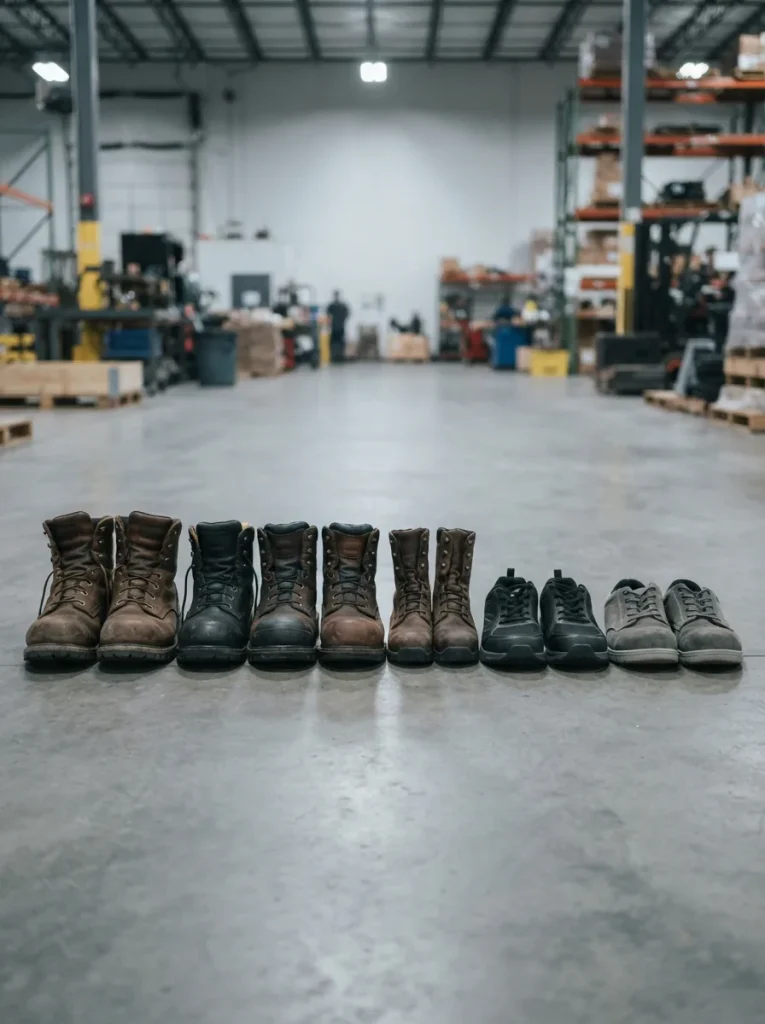 Work boots and slip-resistant work sneakers lined up in a row on a concrete shop floor