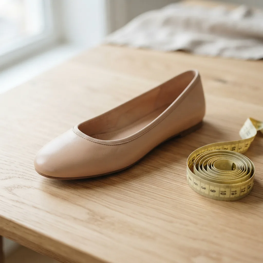 A nude ballet flat beside a soft measuring tape on a light wooden table