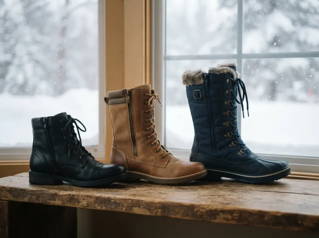 Three winter boots in short, mid and tall heights grouped on a wooden shelf by a snowy window