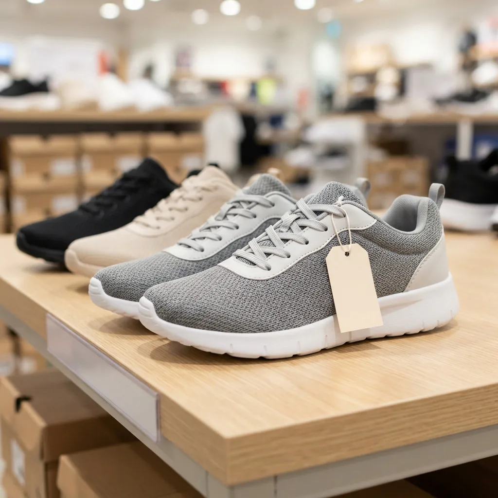Walking sneakers grouped on a store table with small blank sale tags