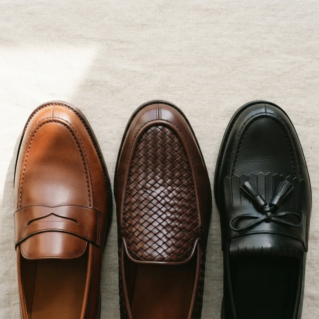 Three loafer uppers showing a penny strap, fringed kiltie trim and an intricately woven weave