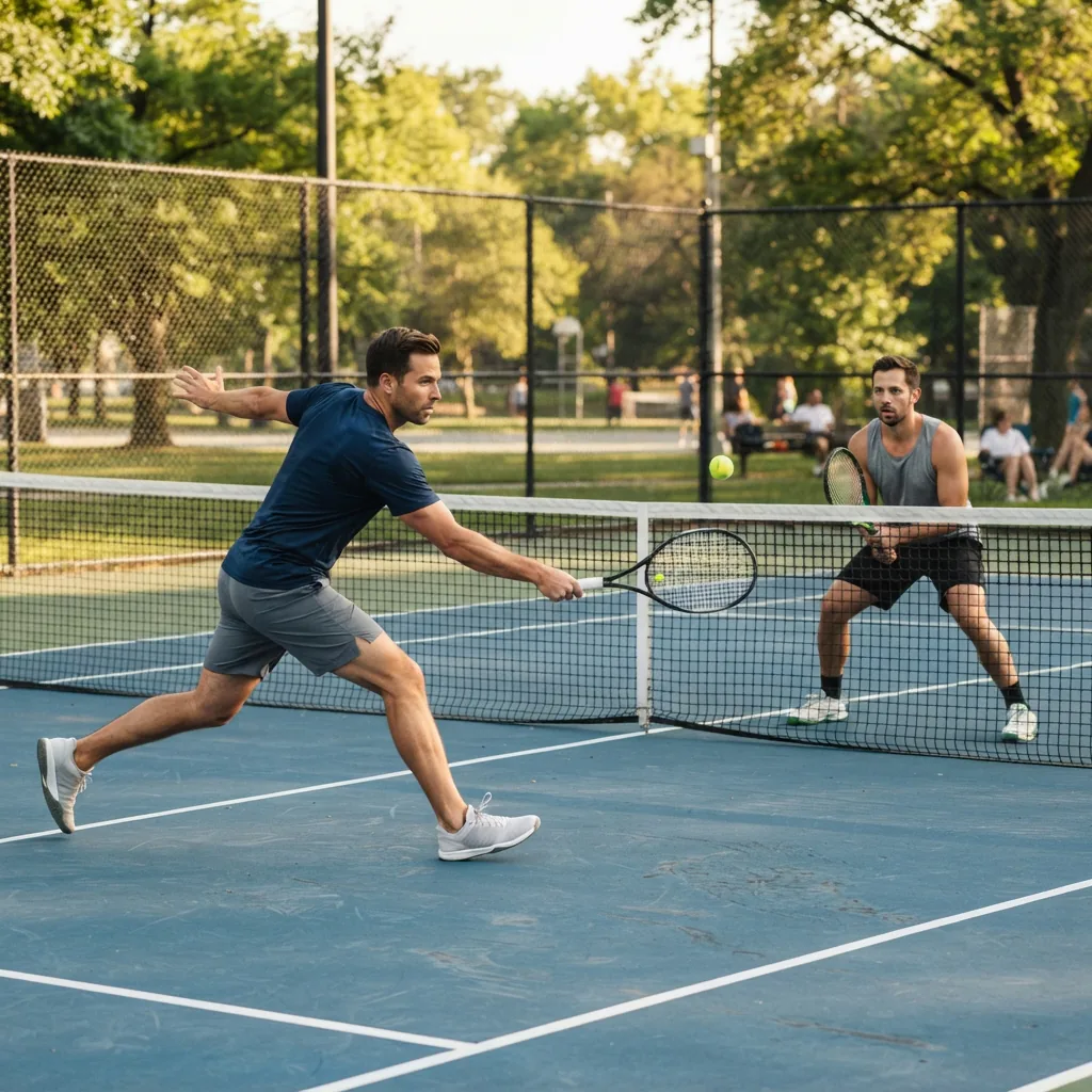 Two adult players in tennis shoes during a doubles rally on an outdoor hard court