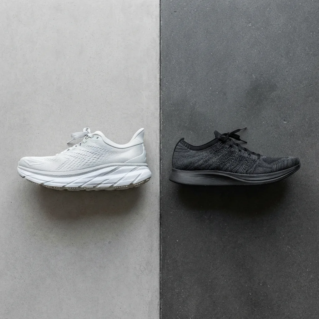 A cushioned running shoe and a slim lightweight running shoe arranged on a split light and dark background