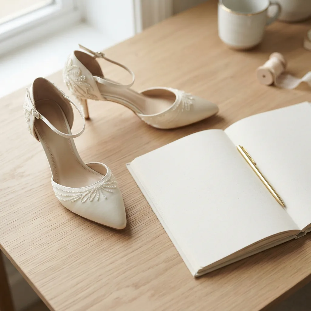 Wedding shoes beside an open notebook used to compare prices and member deals