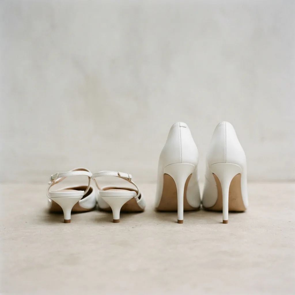Two white heels of different heights side by side for comparison