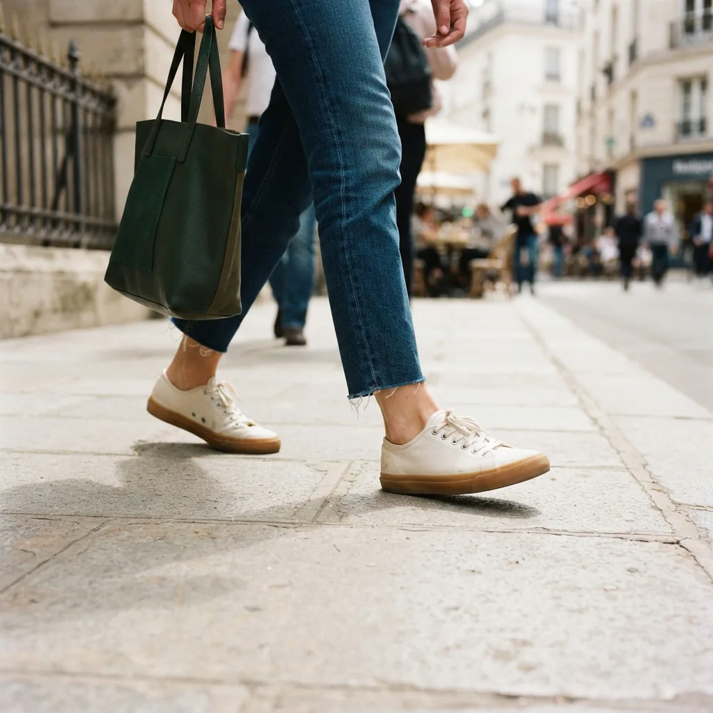 Woman in low-top women's sneakers walking along a city sidewalk with a tote bag