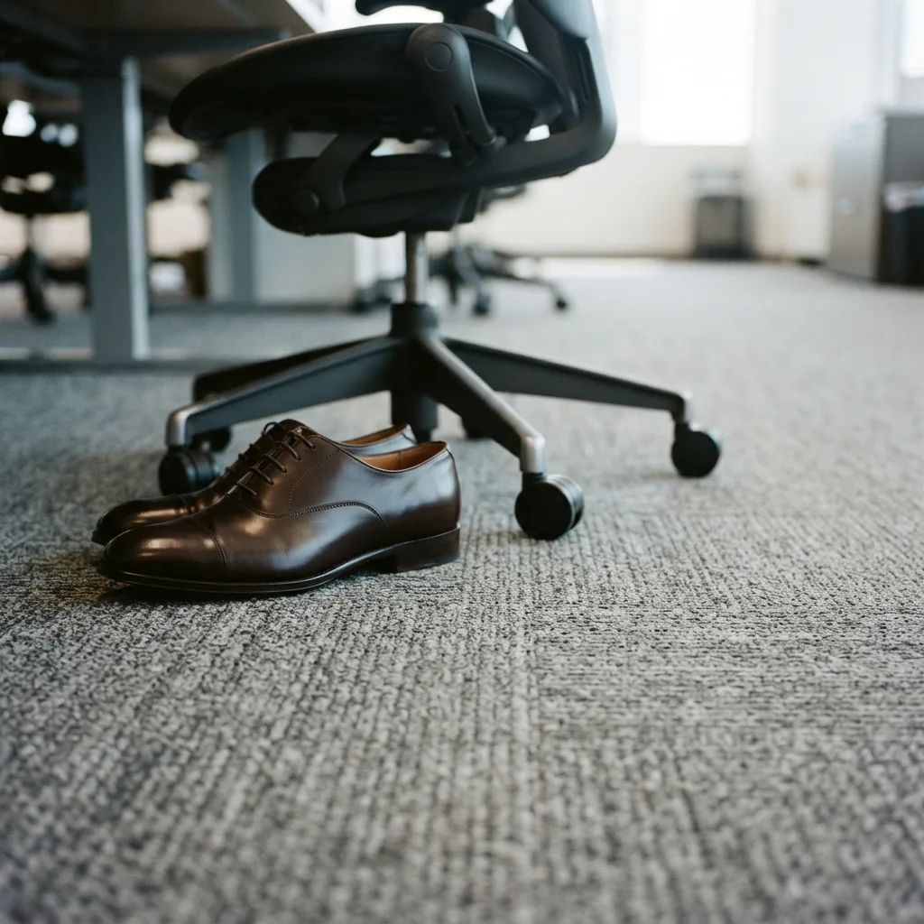 Leather dress shoe on an office carpet near a desk chair