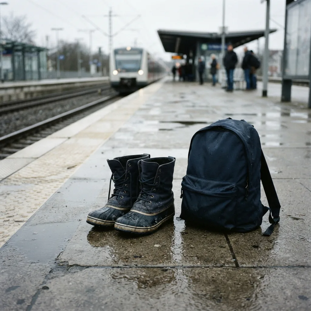 Snow boots and a plain backpack on a wet train station platform