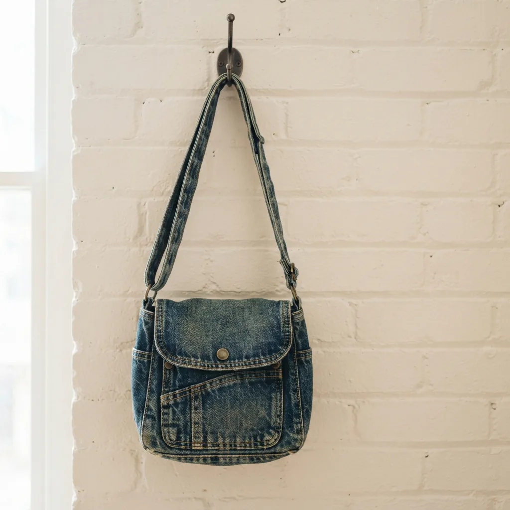 Washed denim crossbody bag hanging from a hook against a pale brick wall.