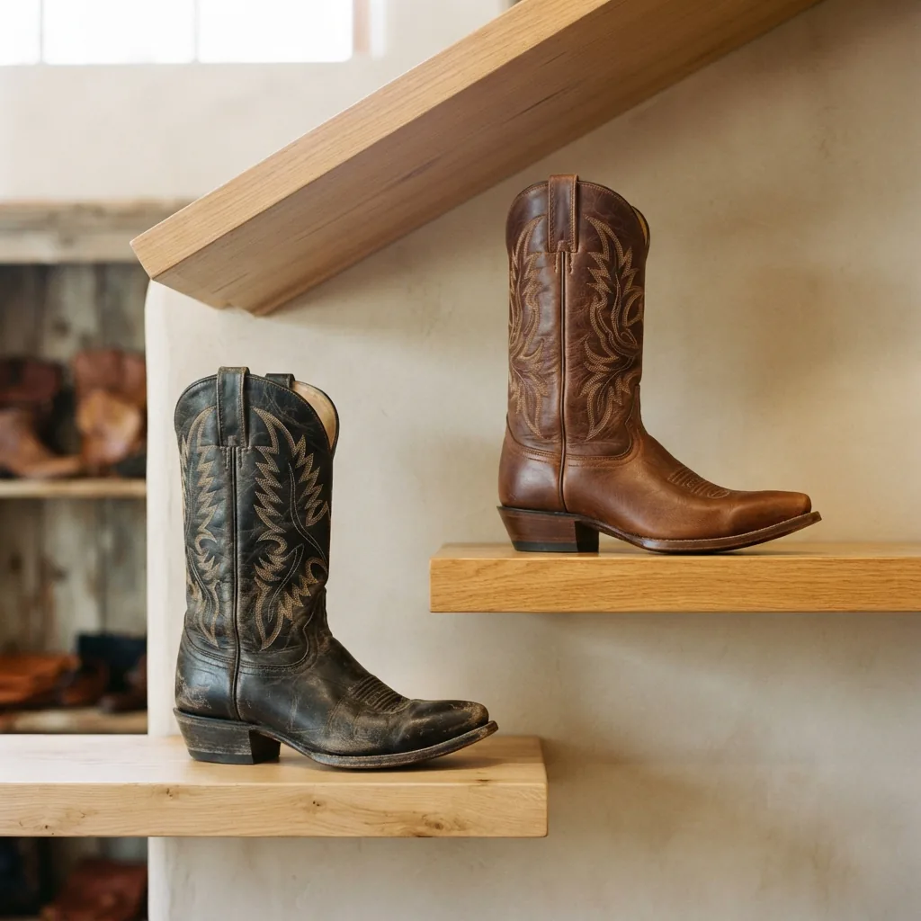 Two cowboy boots on a shelf representing budget and premium price tiers