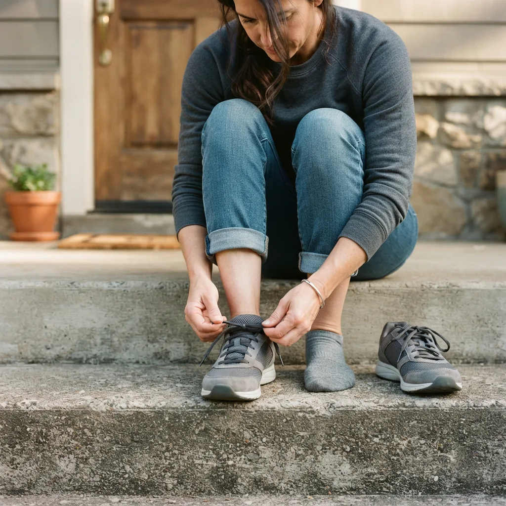 One adult woman lacing up a walking sneaker while seated on a front step