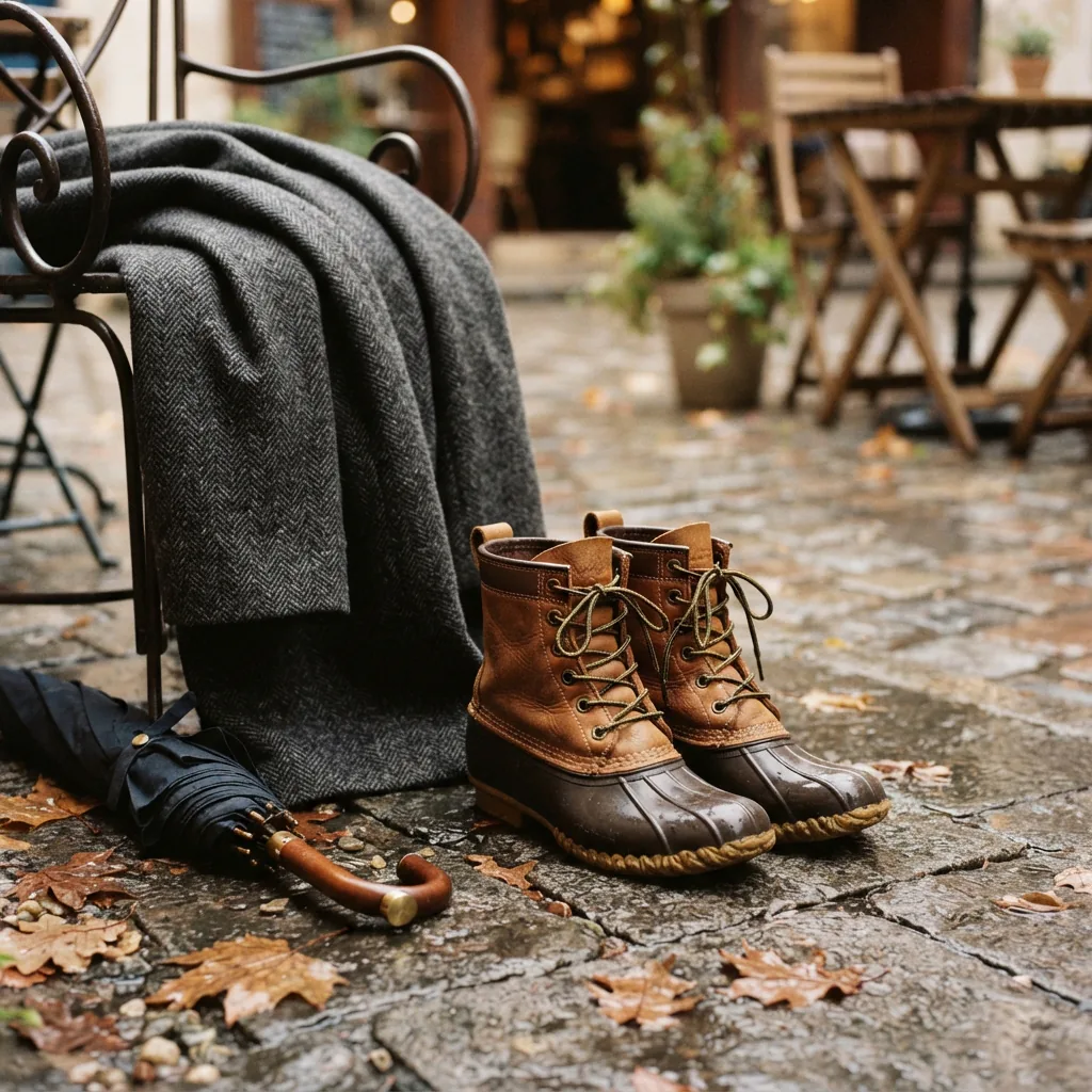 Rain boots styled with a wool coat and folded umbrella on a wet café patio