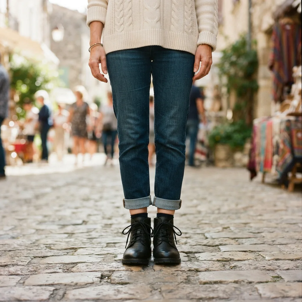 One adult standing on a market street in lace-up ankle booties with cuffed denim jeans