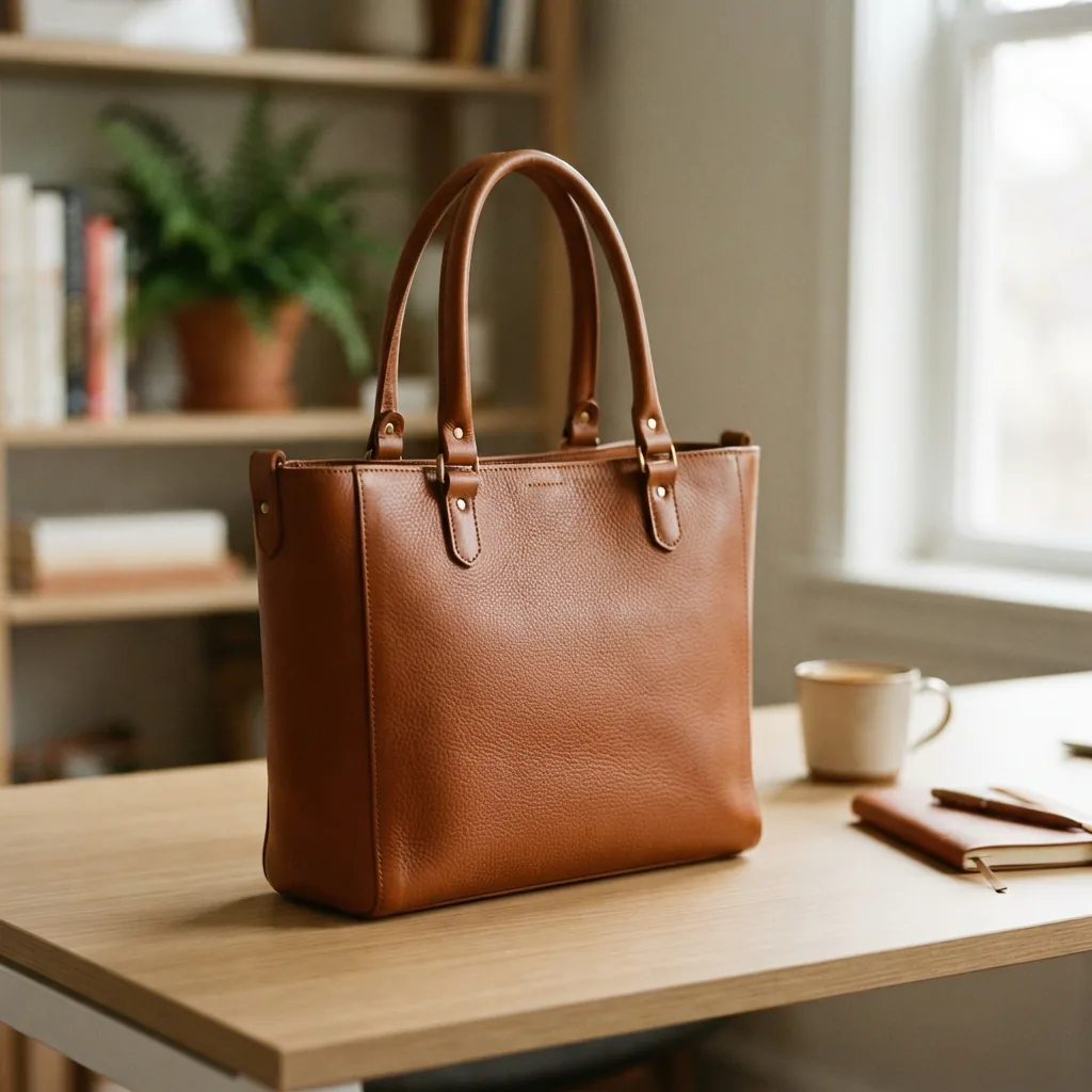 Structured leather tote bag standing on a desk surface