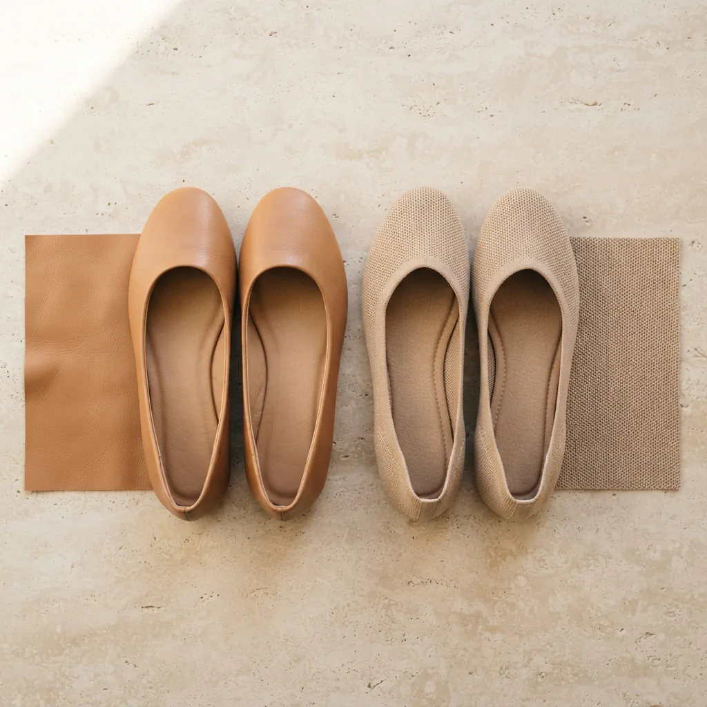 A smooth-finish flat and a soft-textured flat beside matching material swatches