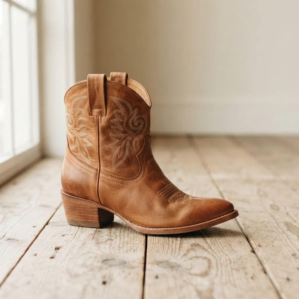 Ankle-height western bootie in tan leather on pale wooden boards