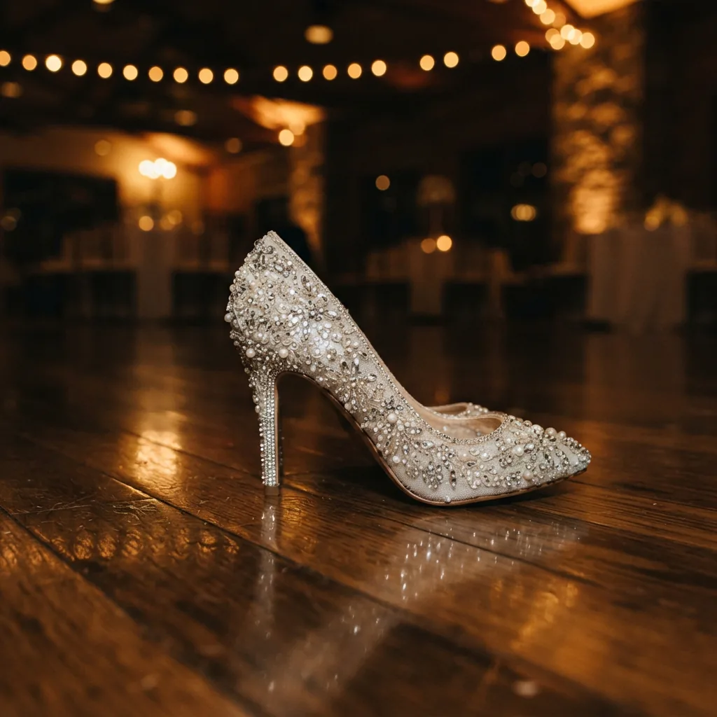 Embellished wedding shoe resting on a polished dance floor under warm lights