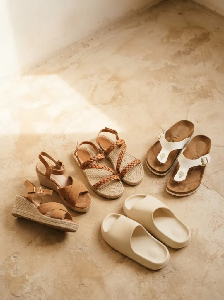 Assortment of women's sandals in different styles arranged on a pale sunlit surface