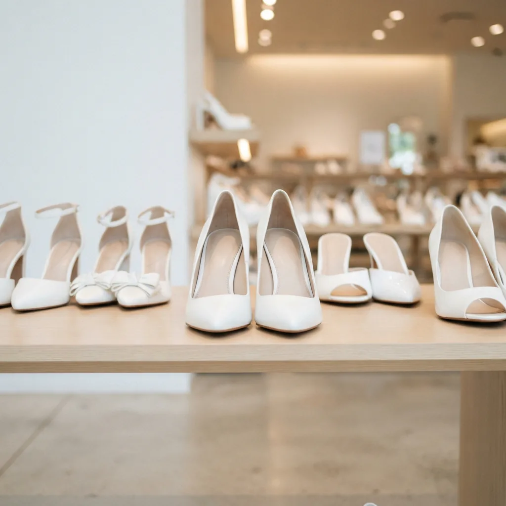 A row of white heel styles displayed on light retail shelving