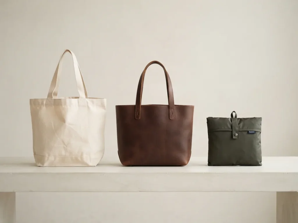 Row of tote bags showing canvas, leather and foldable styles together