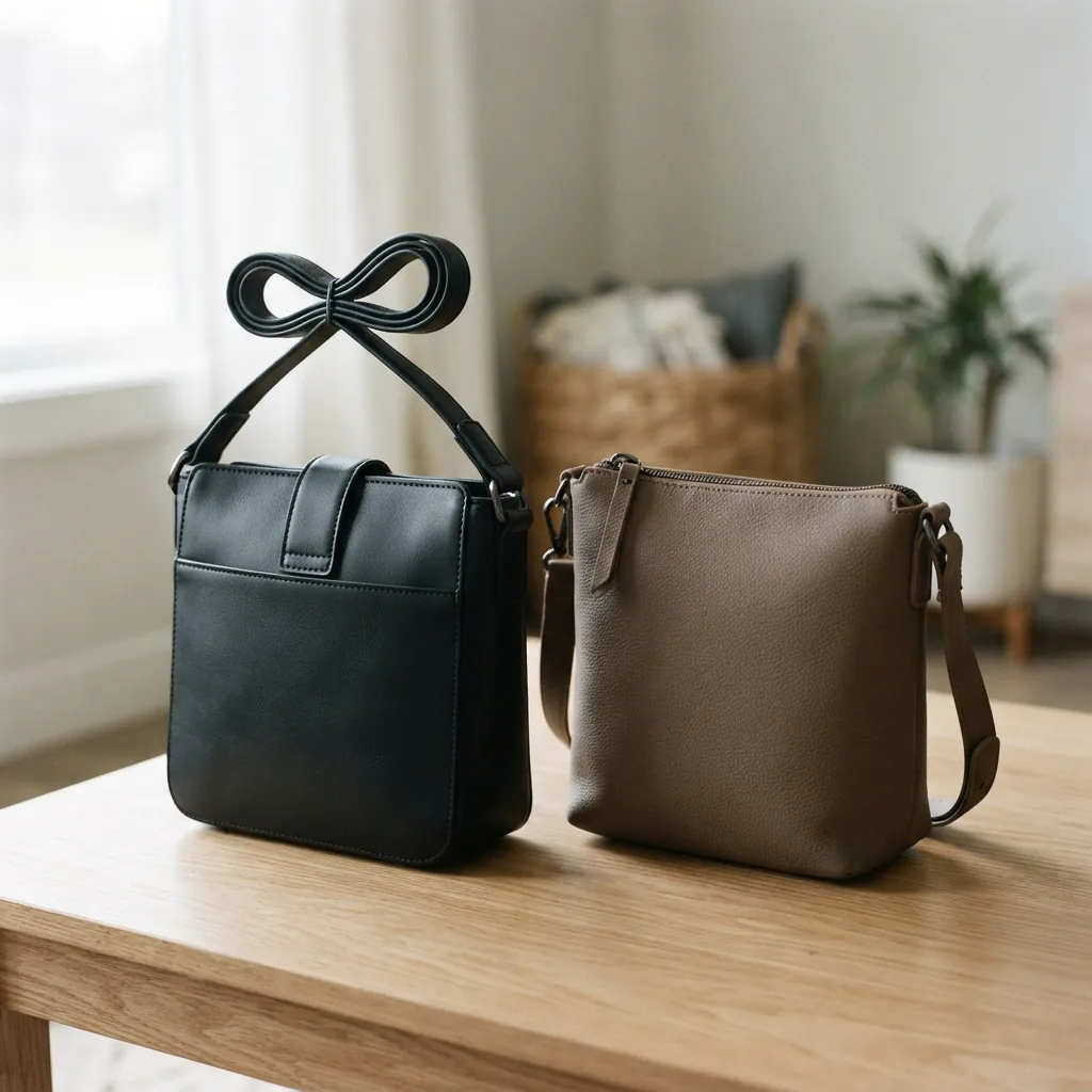 Smooth black and vegan leather crossbody bags standing side by side on a light oak table.
