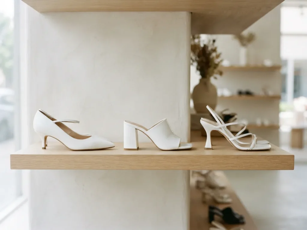 Several white heel styles lined up together on a bright shelf