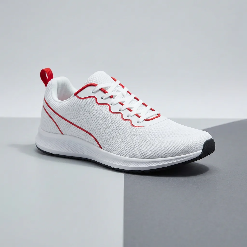 A slim unbranded lightweight running shoe with a thin sole on a split-tone background
