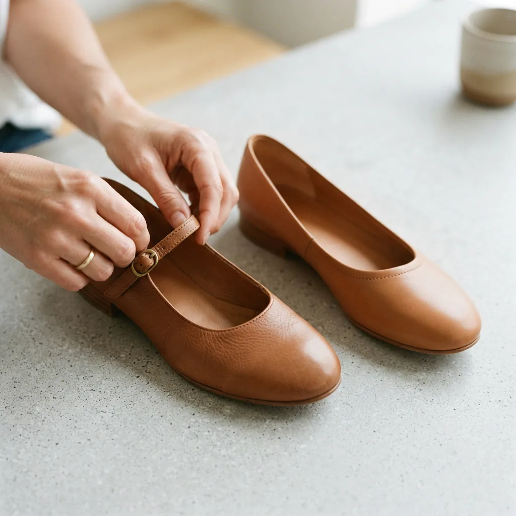A strapped flat and a plain slip-on flat side by side while a hand adjusts the strap