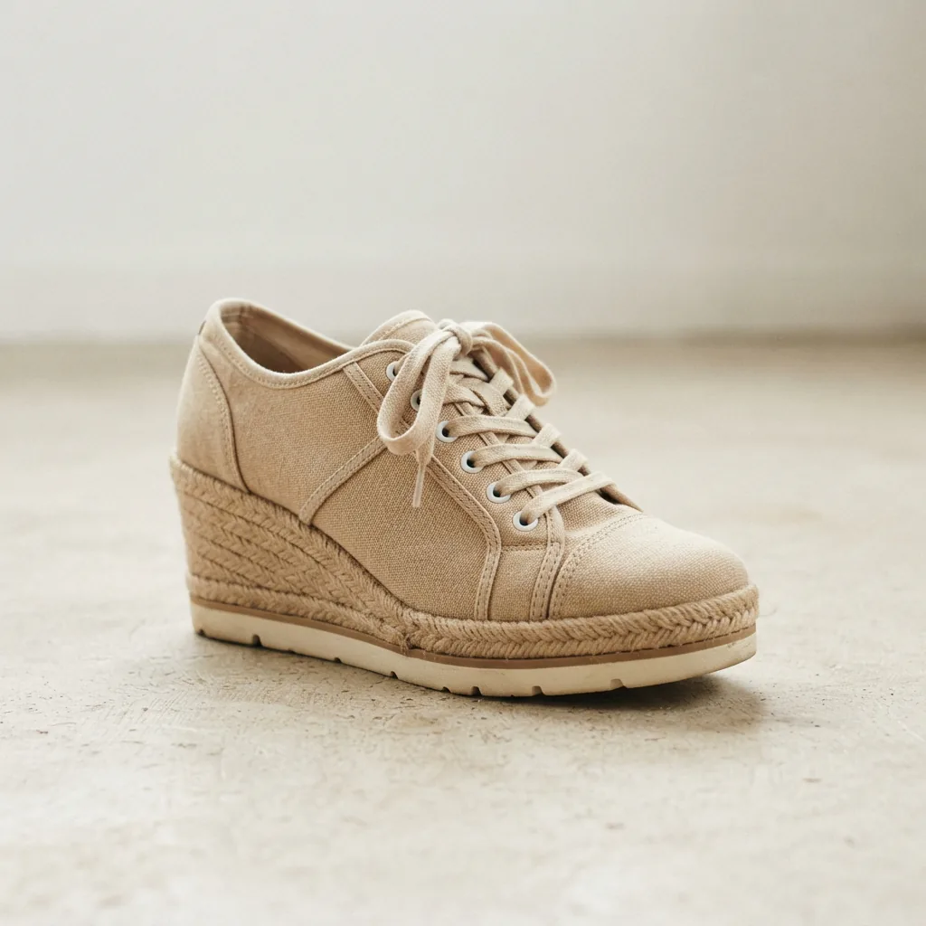 Wedge sneaker with a lace-up canvas upper on a light studio surface