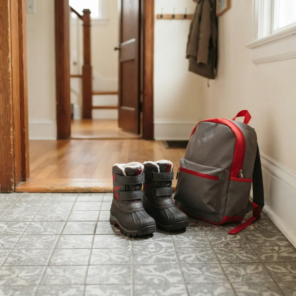 Snow boots beside a child's backpack on a tiled hallway floor