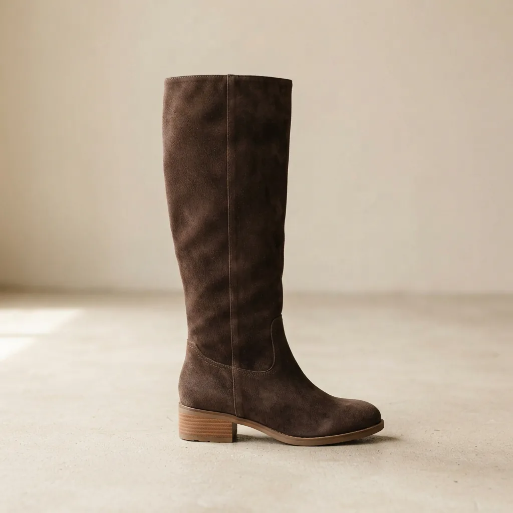 Wide calf suede-look knee high boot with a low stacked heel standing on a pale studio floor