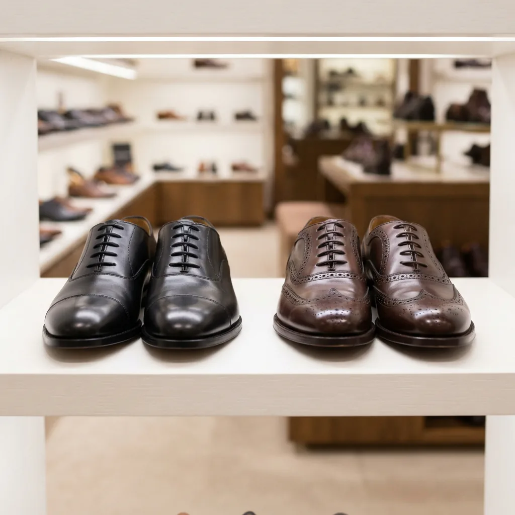 Two pairs of men's dress shoes displayed side by side on a bright retail shelf.