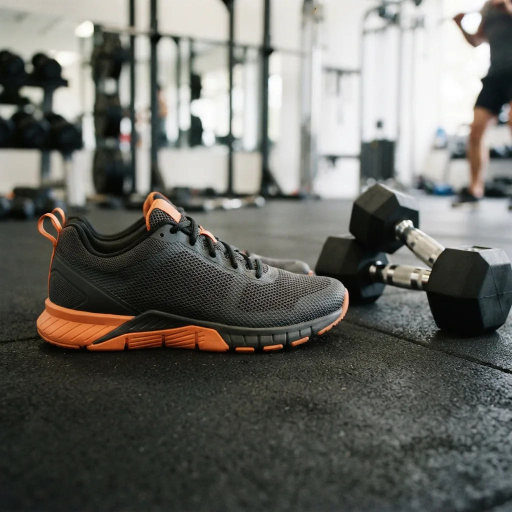 An unbranded athletic training shoe on a rubber gym floor beside a pair of dumbbells