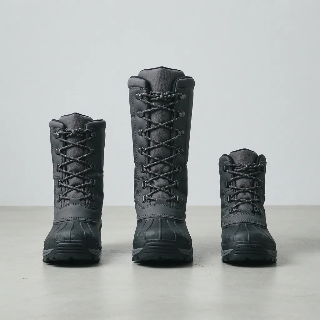 Three snow boots of different shaft heights standing in a row