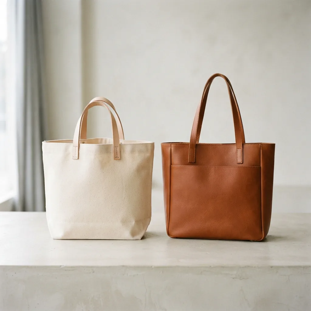 Canvas and leather tote bags side by side on a plain surface