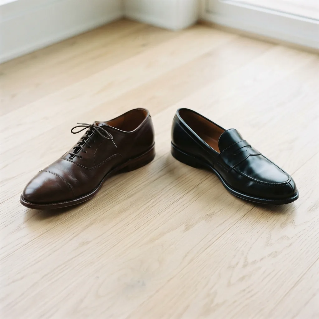 Lace-up oxford and slip-on dress shoes arranged together on a light floor