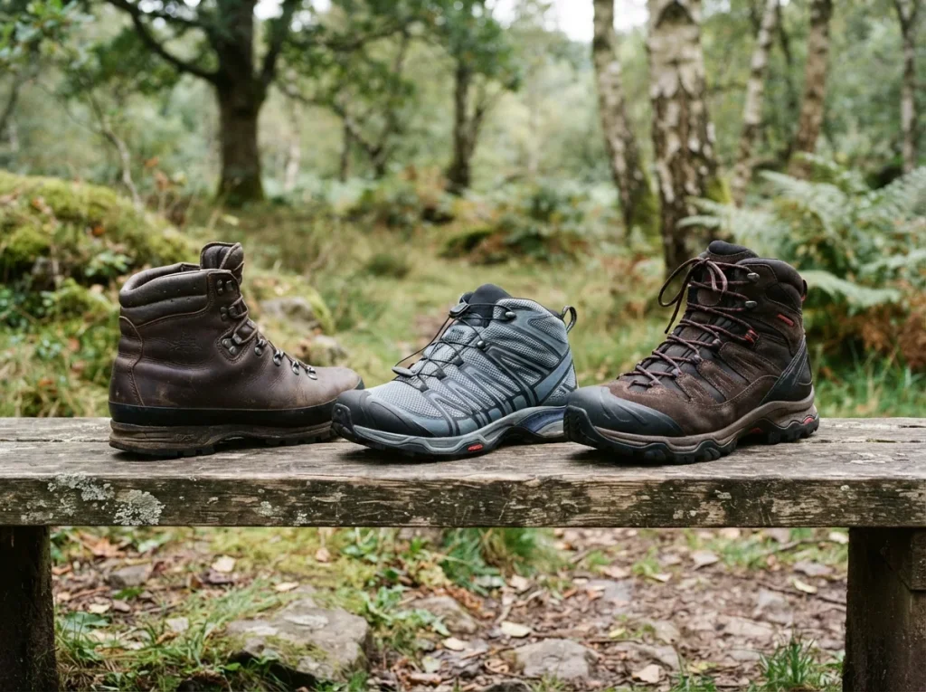 Three hiking boots in a row on a wooden bench showing different builds