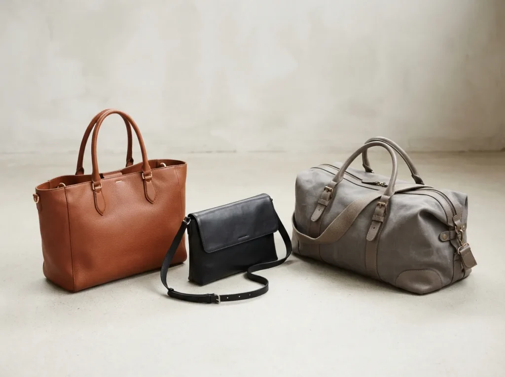 Overview of three handbag types: a tote, a crossbody bag and a weekender bag grouped on a neutral surface