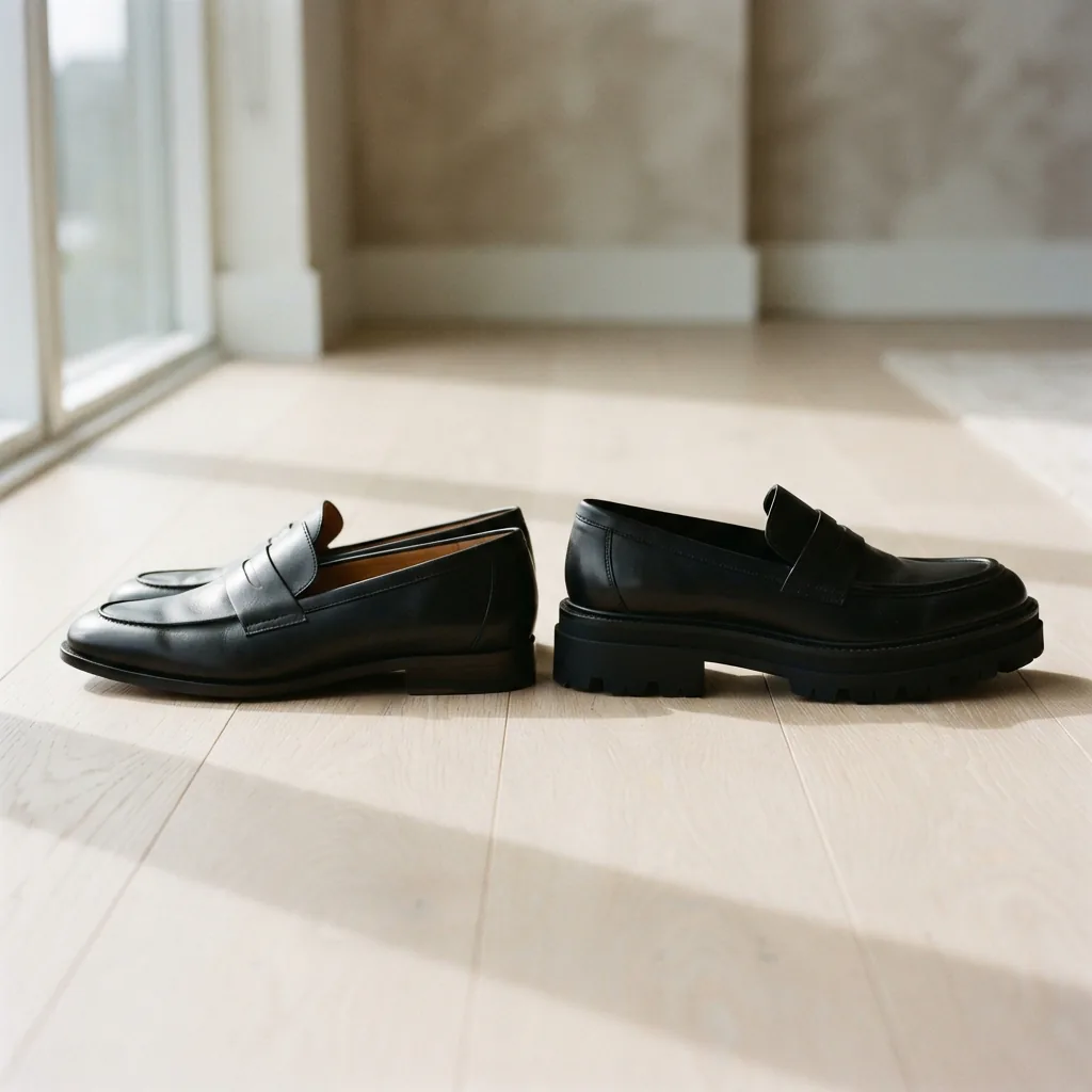 A flat loafer and a platform loafer photographed at floor level showing sole heights
