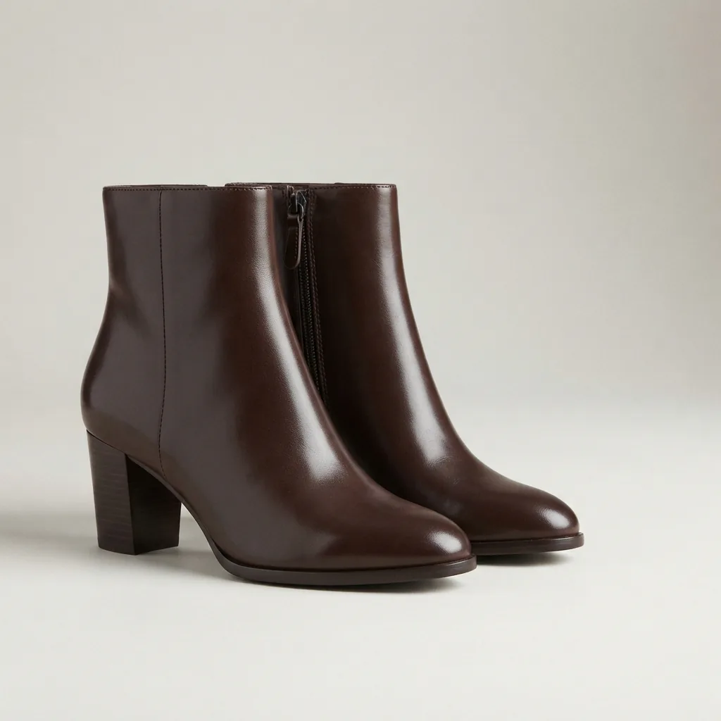 Single pair of polished heeled ankle booties in smooth dark material on a clean studio surface
