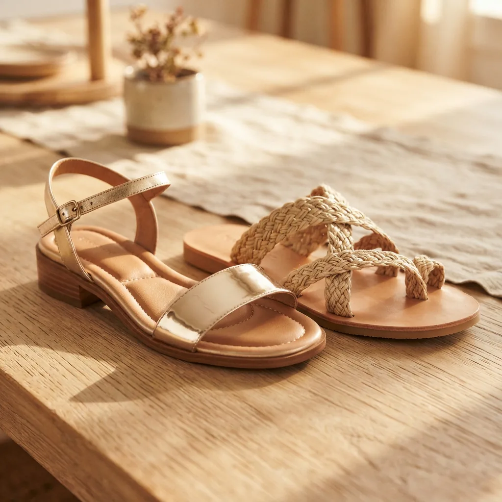 Metallic slide sandal and braided neutral sandal arranged together on a sunlit tabletop