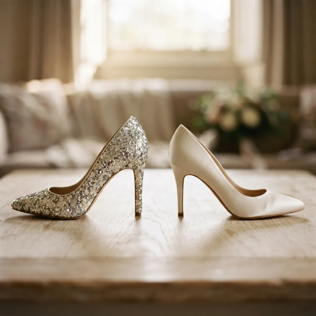 Sparkly and understated wedding shoes arranged side by side for a dress code comparison