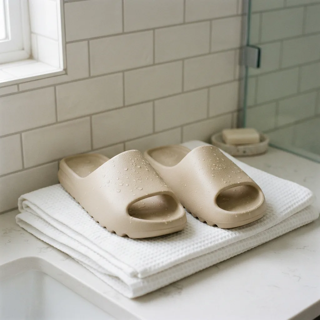 Unbranded foam slide sandals resting on a bathroom towel to air dry