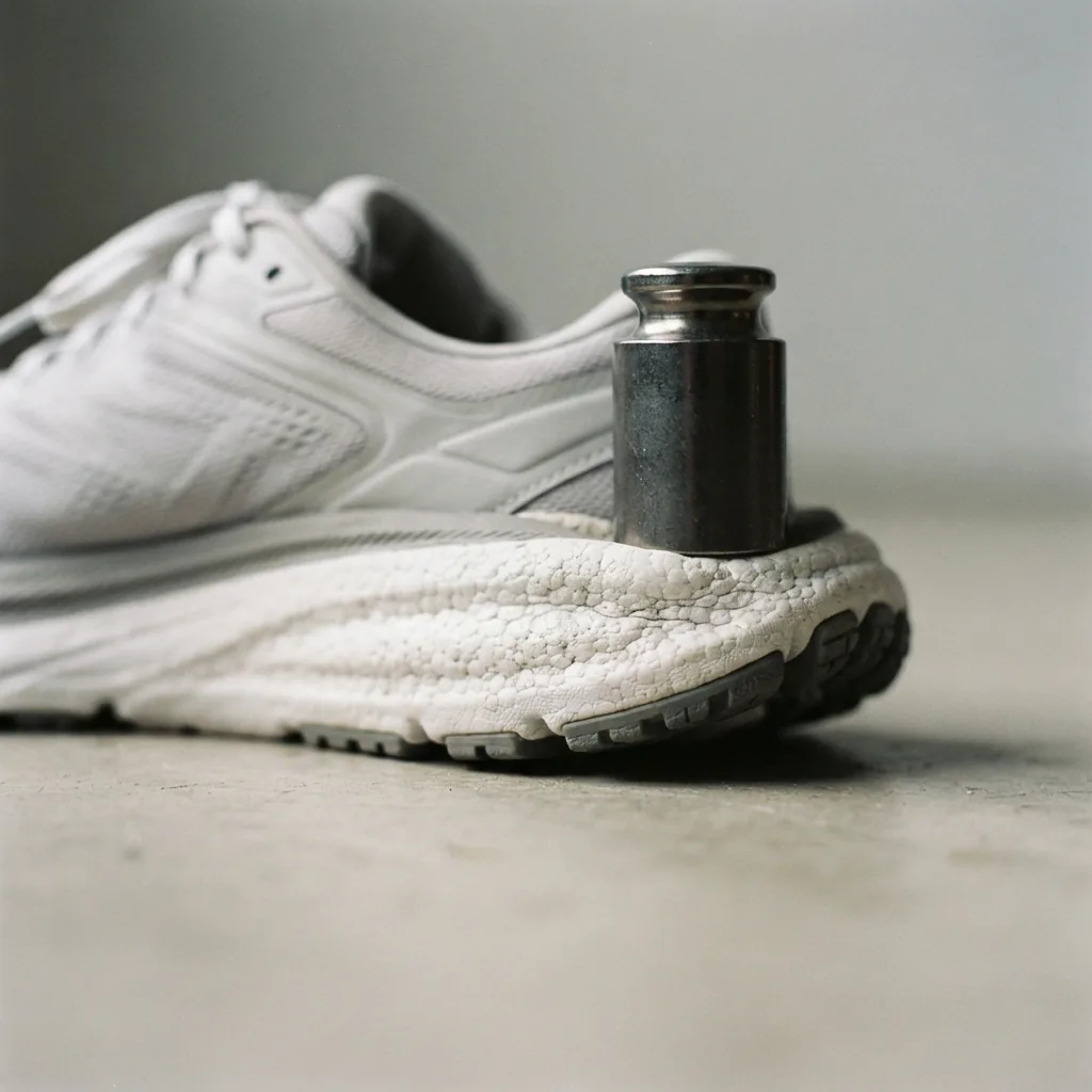 Close-up of a thick foam running shoe midsole compressing slightly under pressure
