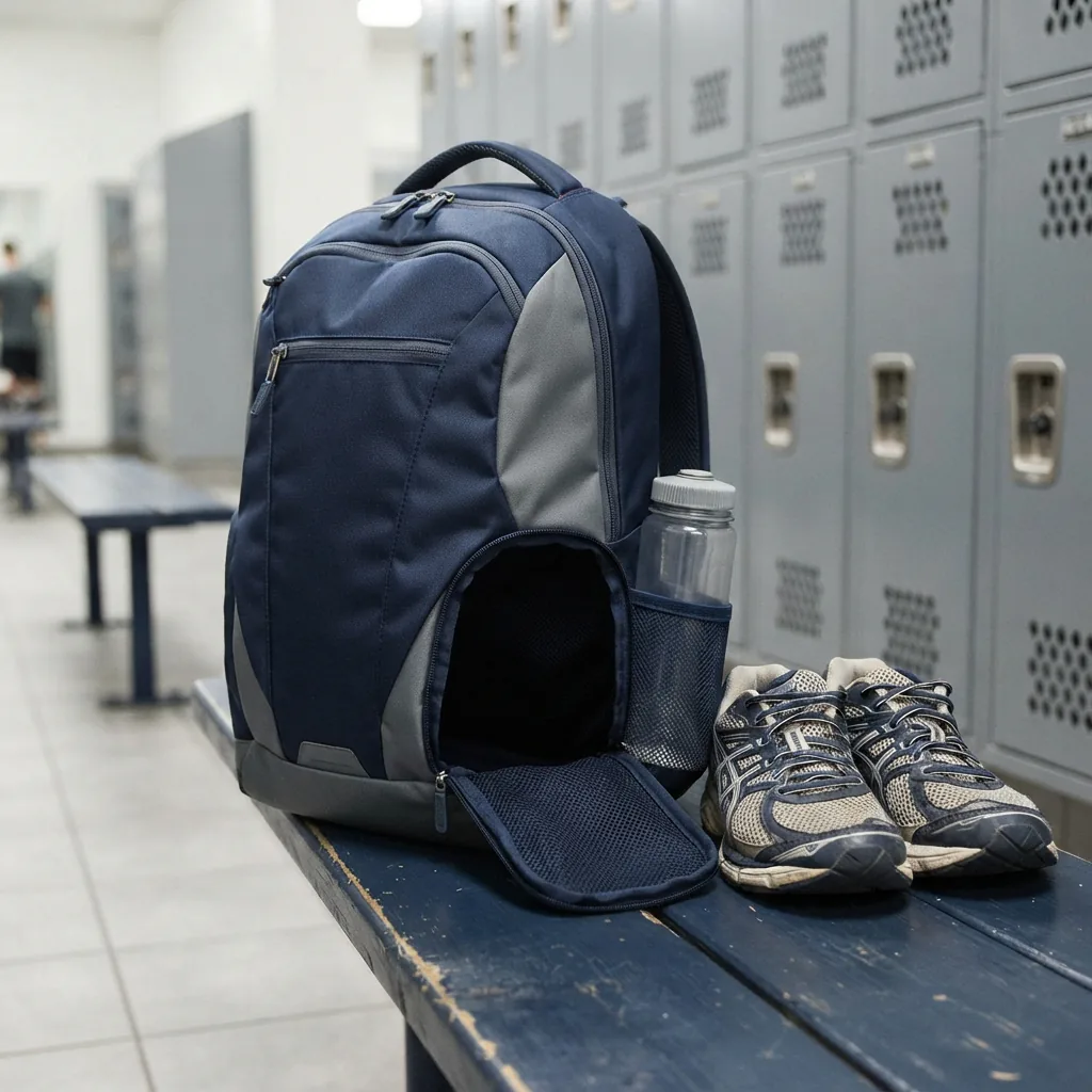An athletic backpack with its ventilated shoe compartment open beside a pair of sneakers and a water bottle