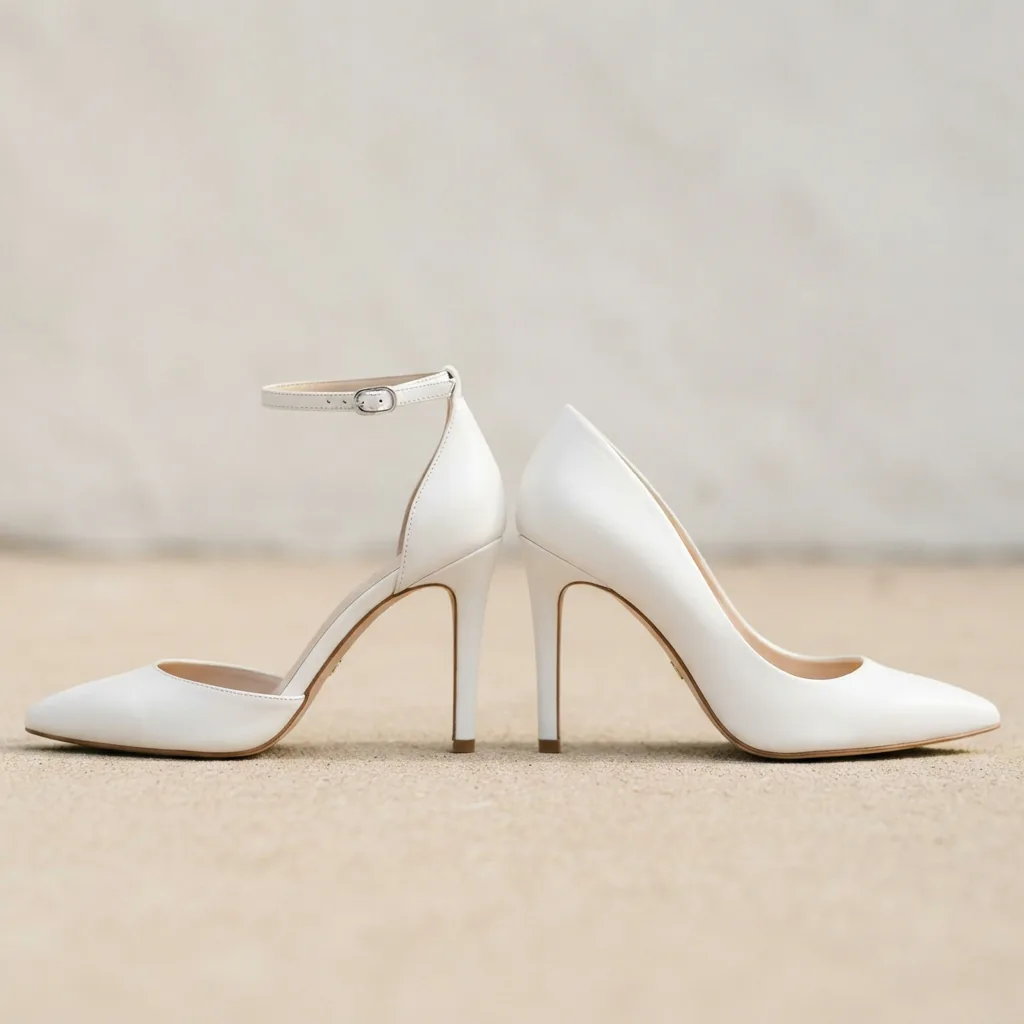 White heel with an ankle strap beside a strapless white pump