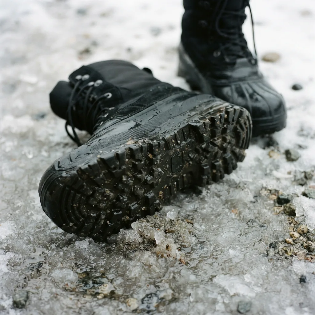 Winter boot tipped on its side showing a deep-lugged sole resting on icy slush