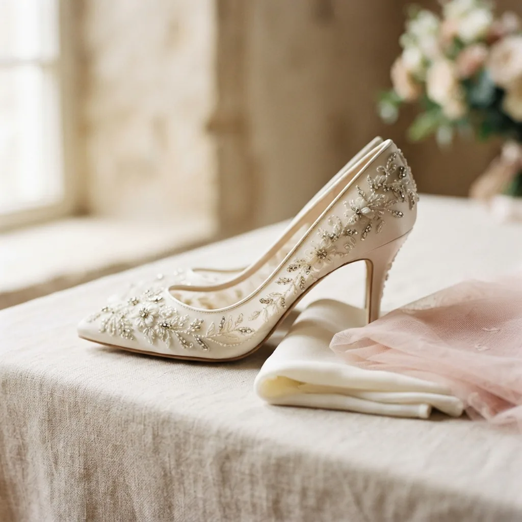 Wedding shoe beside fabric swatches used to match tones with a dress